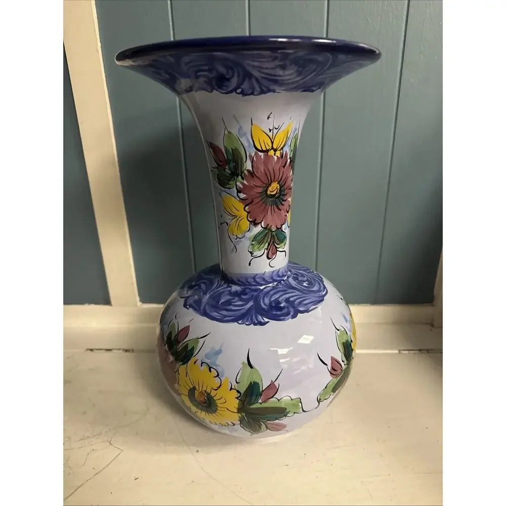 Vintage Alcobaca Portuguese Hand-painted Blue Floral Pottery Vase Large 16” Tall
